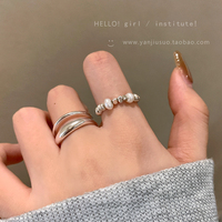 Broken Silver~Double-layered Irregular Open Ring Female Niche Design Pearl Index Finger Ring High-end Set Ring