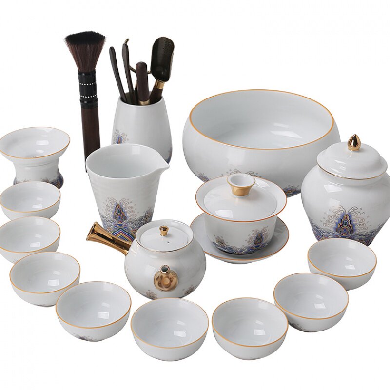 Gold wire sea wave enamel color ceramic complete set of kung fu tea for drinking tea with teapot cover bowl dry tea tray set for home use