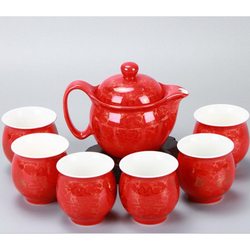 Ceramic Tea Set Group Home Red Gold Dragon Wave Tea Track Festive 7 Head Double Cup Anti-Burn Hand Insulation Teapot