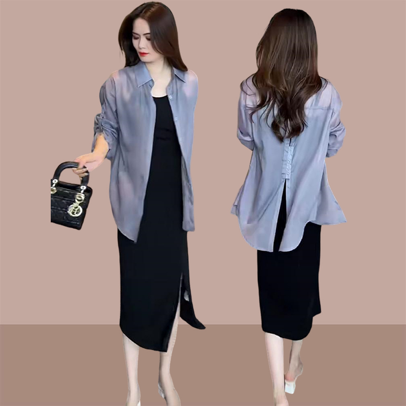 Fashionable Casual Suit for Women, 2026 Summer New Korean Style Dress with Long-Sleeved Sun Protection Shirt, Complete Set