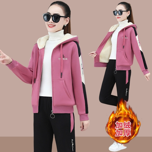 Демисезонный утепленный спортивный костюм, штаны, бархатная толстовка с молнией, комплект, увеличенная толщина, коллекция 2023