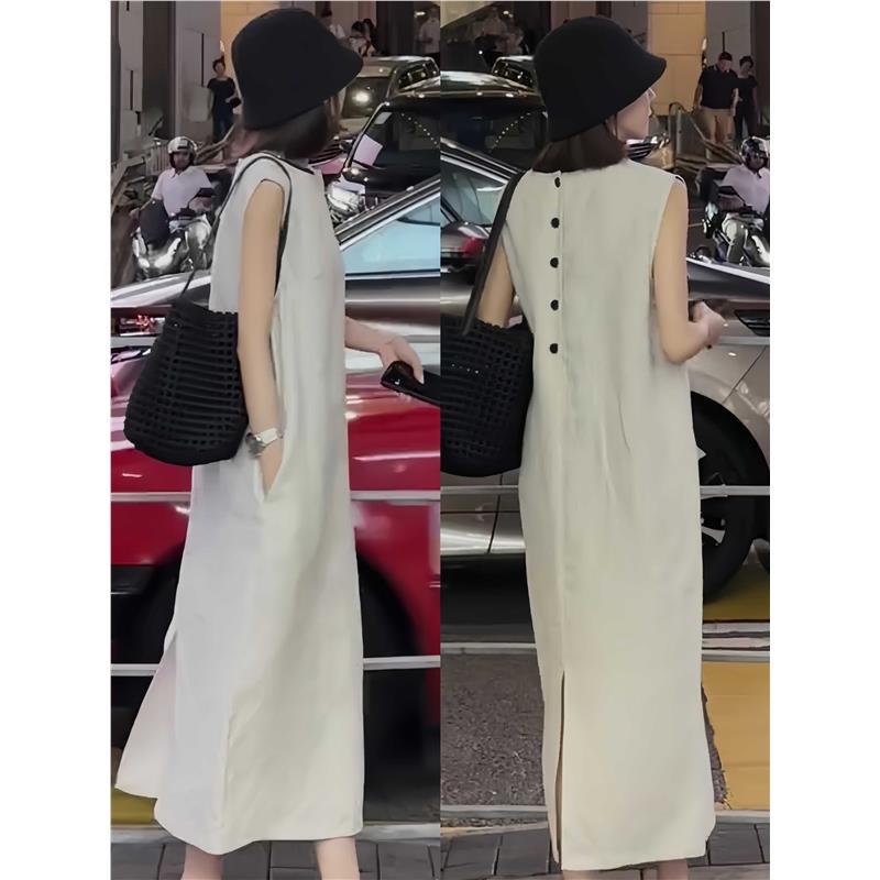 Vintage Cotton and Linen Sleeveless Vest Dress for Women, Summer 2026 New Style, Loose Fit, Casual Straight-Cut Long Dress with Slit Vintage Cotton and Linen Sleeveless Vest Dress for Women, Summer 2026 New Style, Loose Fit, Casual Straight-Cut Long Dress with Slit