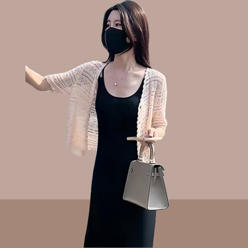 2026 Summer New Women's Thin Ice Silk Hollow-Out Knit Cardigan Jacket Paired with a Long Slip Dress and Shawl Trendy Set 2026 Summer New Women's Thin Ice Silk Hollow-Out Knit Cardigan Jacket Paired with a Long Slip Dress and Shawl Trendy Set