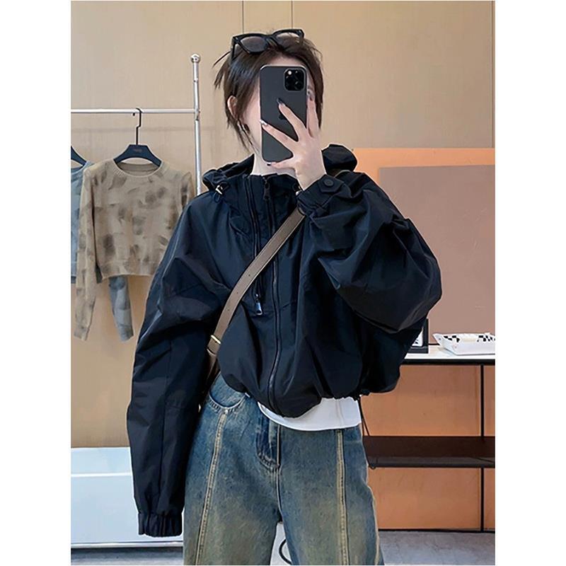 American-Style Black Short Windbreaker Jacket for Women, New Spring and Autumn European Fashion Design with Double Zipper, Windproof Jacket