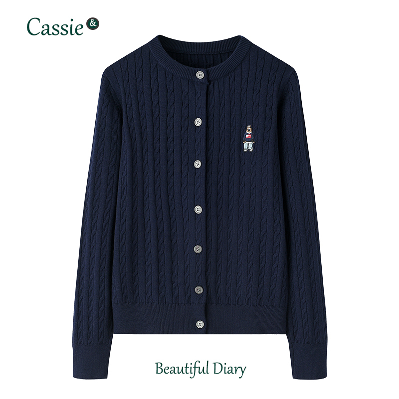 College Style Knitted Jacket, Spring and Autumn Style, Bear Embroidery Sweater, Korean Style Slim Fit, Long-Sleeved Ribbed Round Neck Top