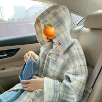 2022 autumn and winter new products plaid horn buckle wool coat Japanese wild hooded woolen coat mid-length women