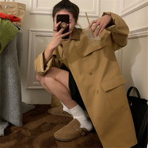 2022 spring and autumn new windbreaker womens mid-length khaki stitched leather collar coat design sense small windbreaker