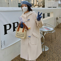 2022 autumn and winter new Japanese college style cute horn button woolen coat womens mid-length hooded coat color buckle