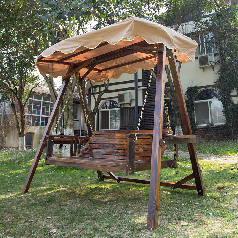 Black (Yellow Cloth Top)Anticorrosive wood swing Double Outdoor wood Hanging chair to ground With ceiling balcony Rocking chair hanging basket courtyard solid wood Cradle