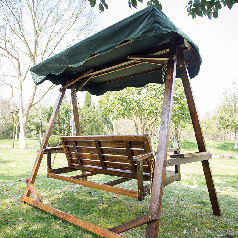 Black (Green Cloth Top)Anticorrosive wood swing Double Outdoor wood Hanging chair to ground With ceiling balcony Rocking chair hanging basket courtyard solid wood Cradle
