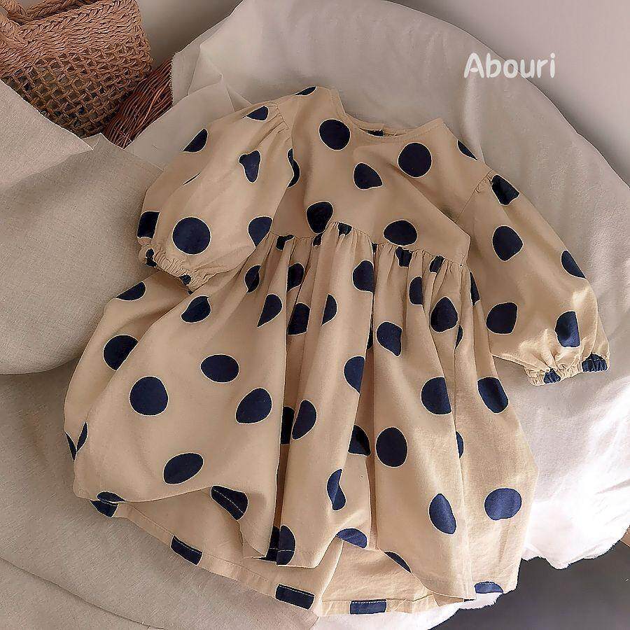 Western style fashionable Korean girl baby long-sleeved polka dot skirt girl big polka dot dress little princess autumn new cotton