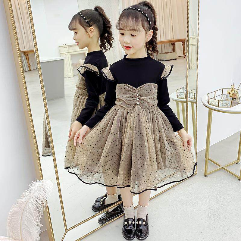 Girls' dresses autumn new middle-aged children's black and white skirt net red foreign style princess skirt girl polka dot mesh skirt