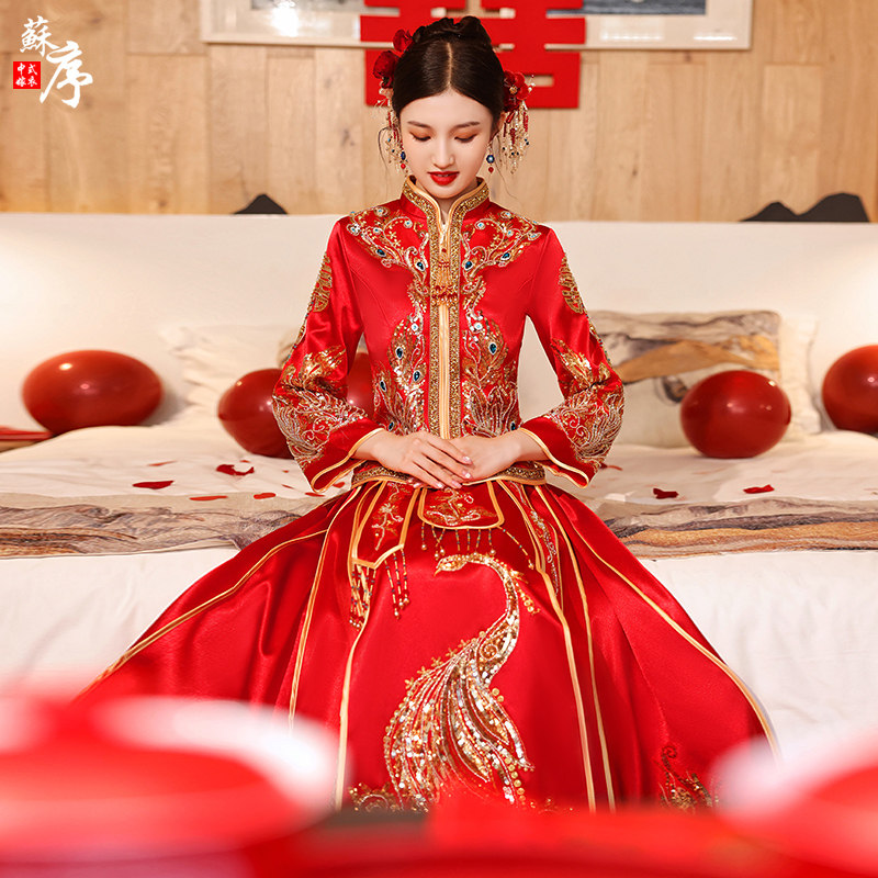 Xiuhe clothing bride 2022 new wedding toast clothing heavy industry dragon and phoenix hanging wedding dress Chinese wedding dress high-end