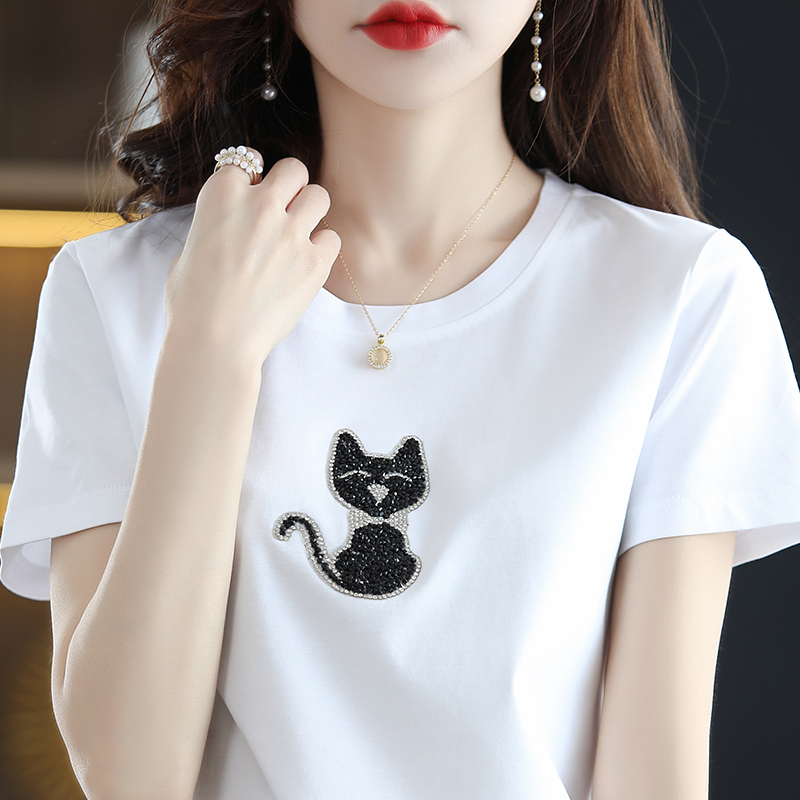 High-End Silky 80-Count Mercerized Cotton T-Shirt for Women, Summer 2026 New Style, 100% Pure Cotton Short-Sleeve Top with Rhinestone Printed Pattern