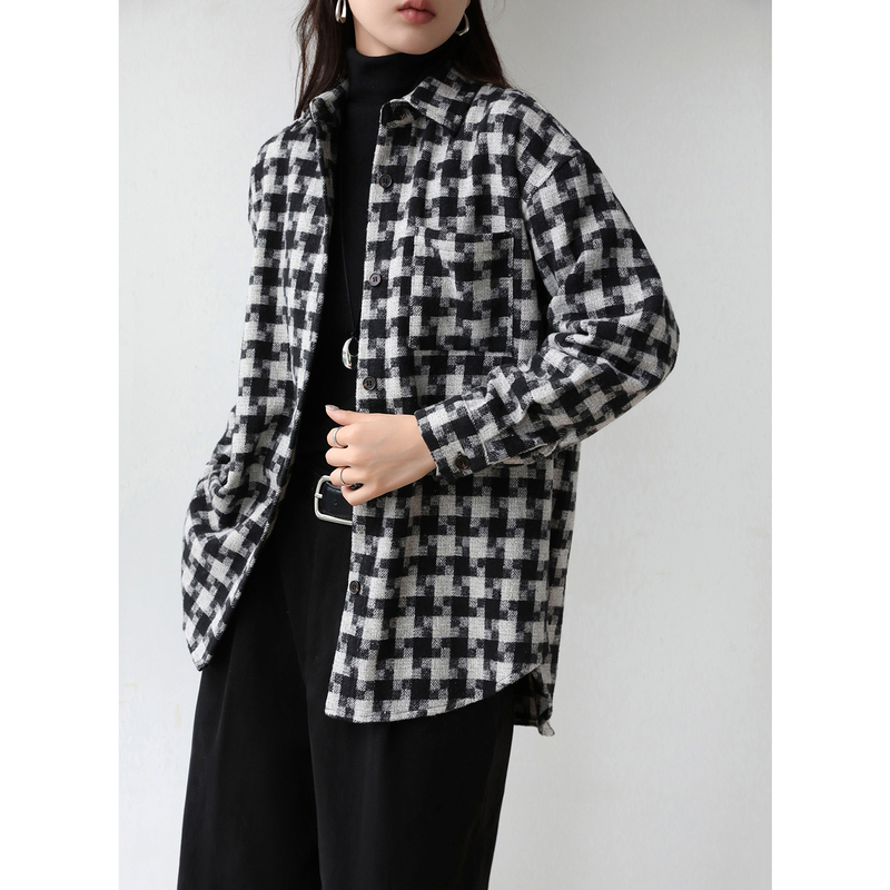 Jocmi Hong Kong Style Retro Houndstooth Wool-Like Soft Lapel Shirt for Women, New Loose Plaid Top Jacket