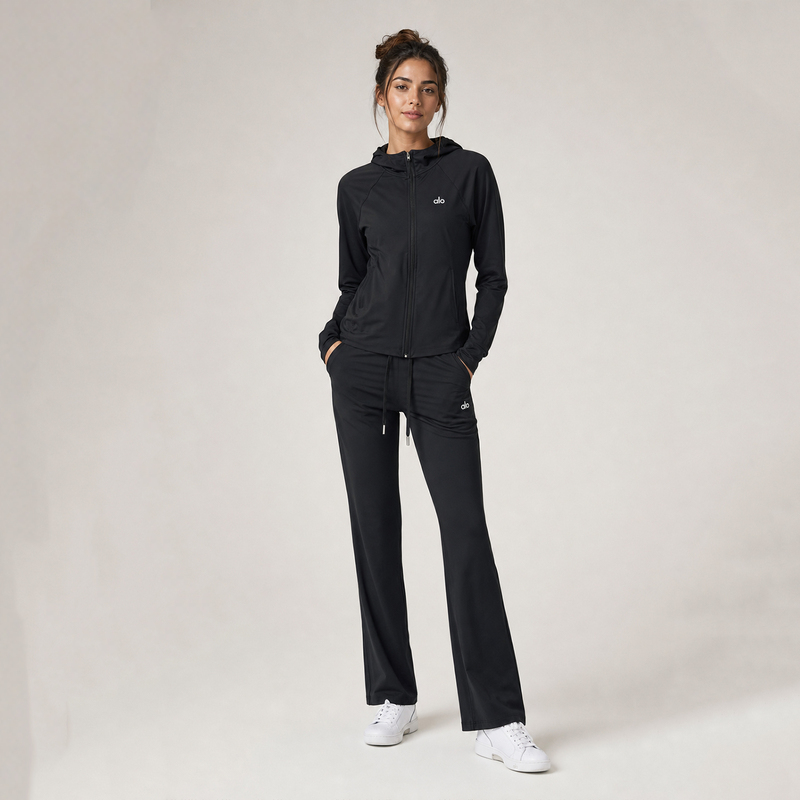 Alo Ice Silk Cool Sensation Set Sports Style Hooded Set Black Relaxed Wide-Leg Pants Two-Piece Sports Outfit Alo Ice Silk Cool Sensation Set Sports Style Hooded Set Black Relaxed Wide-Leg Pants Two-Piece Sports Outfit