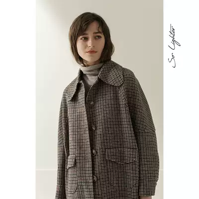 solighter independent design mixed color plaid wool double-sided tweed coat loose slim short coat autumn and winter