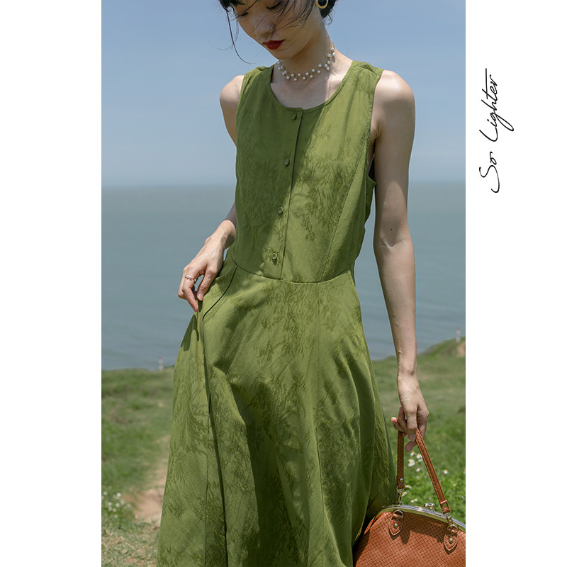 solighter vest suspender dress temperament sleeveless green thin exposed clavicle beauty back long dress 2021 summer