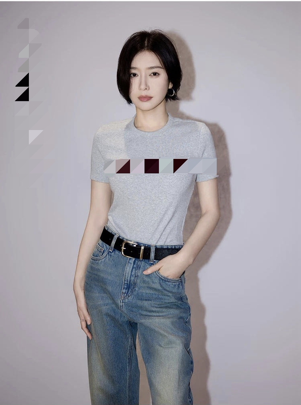 Xs-1359 [Same Style as Qin Lan] Short-Sleeved T-Shirt 2026 Spring/Summer New Product with Flocking Print and Regular Shoulder Design