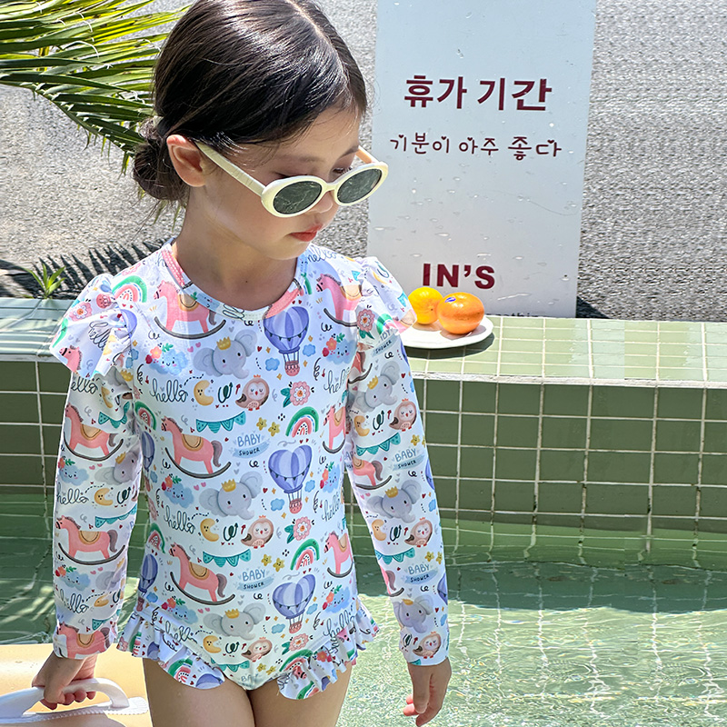 New Children Swimsuit Girl Cute Cartoon Conjoined Long Sleeve Speed Dry Sunscreen Swimsuit Girl Fashion Swimsuit