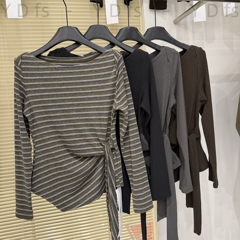 Lace-Up Striped Long-Sleeve T-Shirt for Women, Slim Fit, Waist-Cinching, 2026 Spring and Autumn New Style, Suitable for Commuting and Workplace, Covers Body Flaws, Base Layer Top Lace-Up Striped Long-Sleeve T-Shirt for Women, Slim Fit, Waist-Cinching, 2026 Spring and Autumn New Style, Suitable for Commuting and Workplace, Covers Body Flaws, Base Layer Top