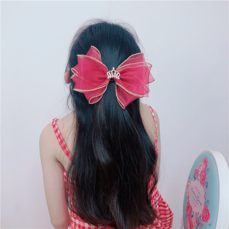 Korean high-end snow yarn children's bow hairclip temperament hairclip Princess Crown hairclip pink hairclip Lady