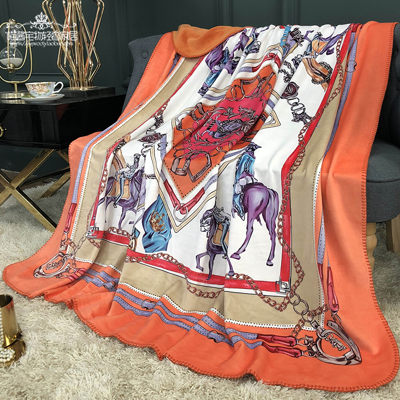European and American ins luxury H blanket palace printing brocade fox velvet blanket cover blanket model room decoration blanket gift box