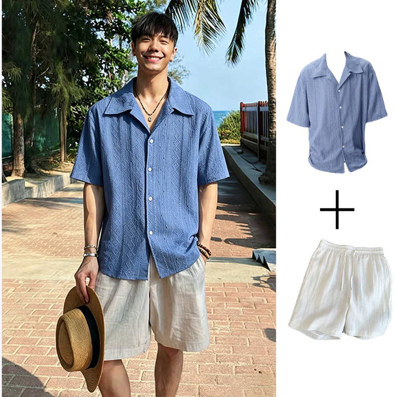 Vacation Style Hollow-Out Cuban Collar Short-Sleeved Shirt for Men, Summer Breathable Shirt and Shorts, Sanya Beach Outfit Set