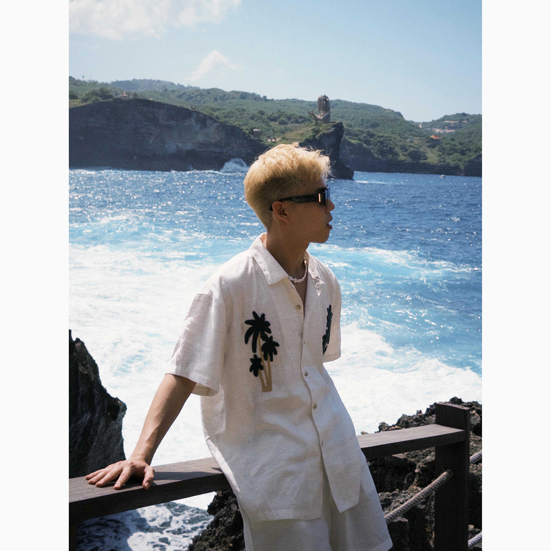 Palm Tree Embroidery Vacation Style Short-Sleeved Shirt for Men, American Casual Hawaiian Loose Half-Sleeved Top, Trendy Brand Shirt