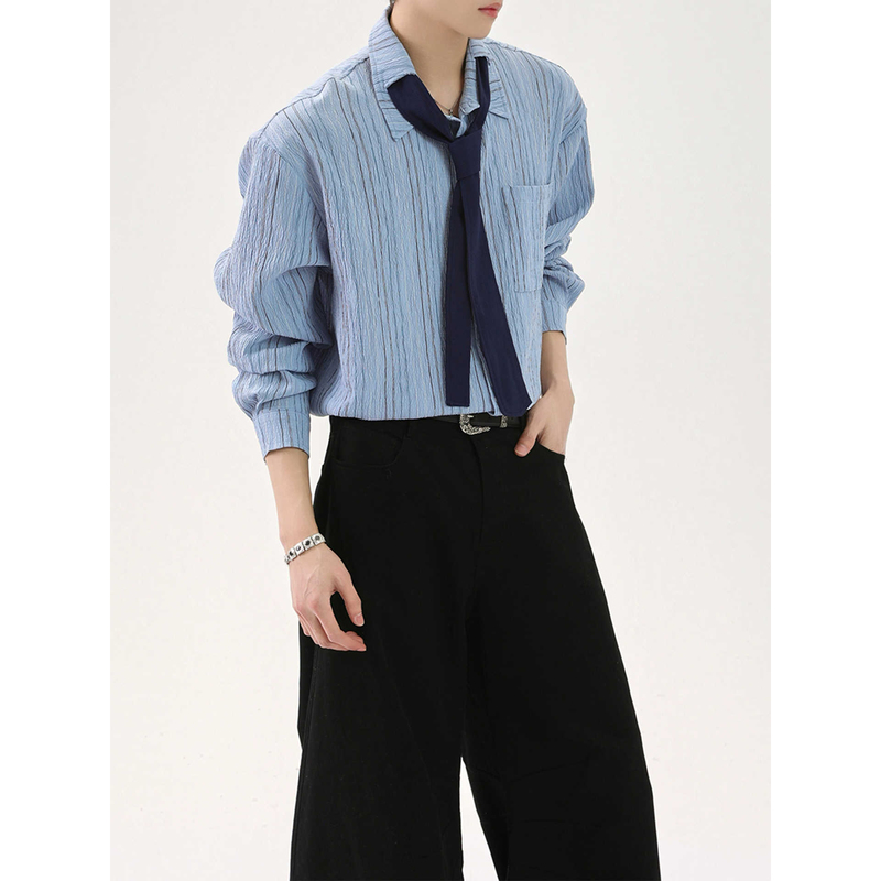 American Retro Vertical Striped Long-Sleeve Shirt for Men with Tie Design, Versatile College Style Shirt for Layering with Jackets