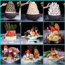 Simulated sashimi model salmon and seafood poses arctic clam sake foie gras tuna and dace platter model
