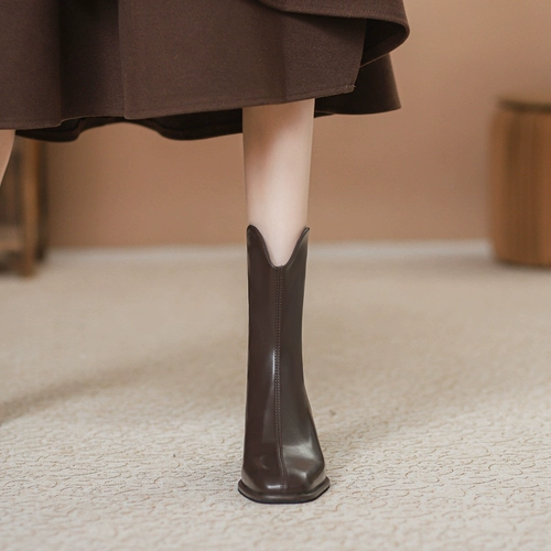 婥蕾 Martens, весенние демисезонные высокие коричневые короткие сапоги, из натуральной кожи, тренд сезона, французский стиль