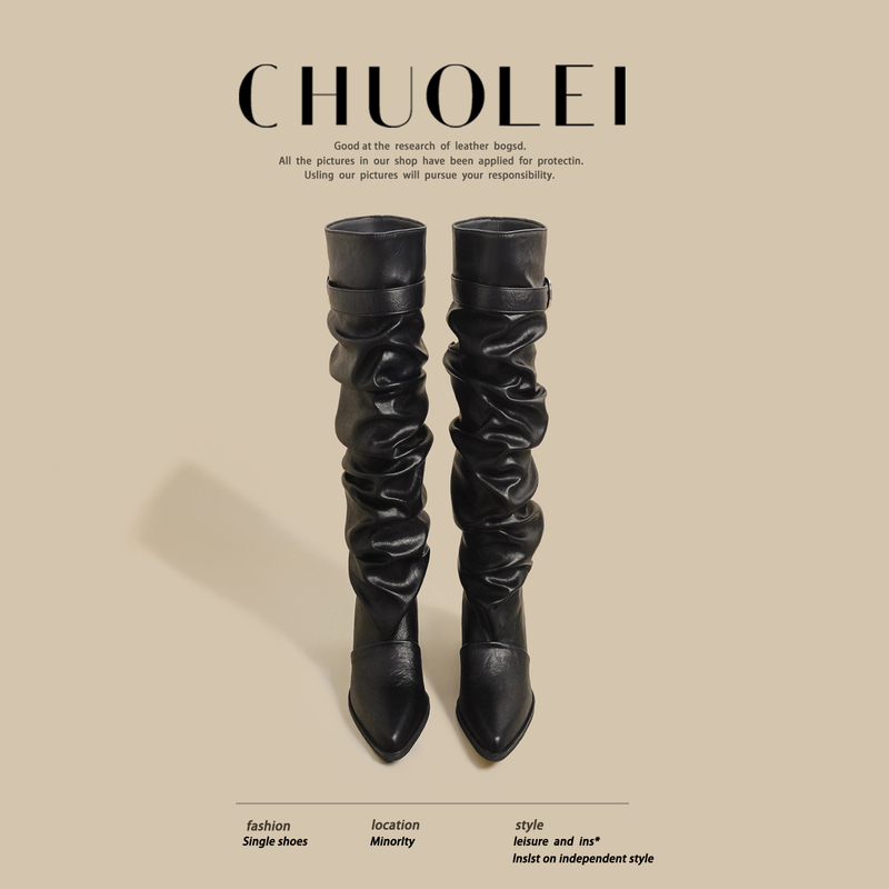 2026 Autumn New Popular Style Pleated Stacked Boots for Women, Chunky Heel High-Tube Riding Boots with Belt Buckle, Pointed Toe Black Long Boots 2026 Autumn New Popular Style Pleated Stacked Boots for Women, Chunky Heel High-Tube Riding Boots with Belt Buckle, Pointed Toe Black Long Boots