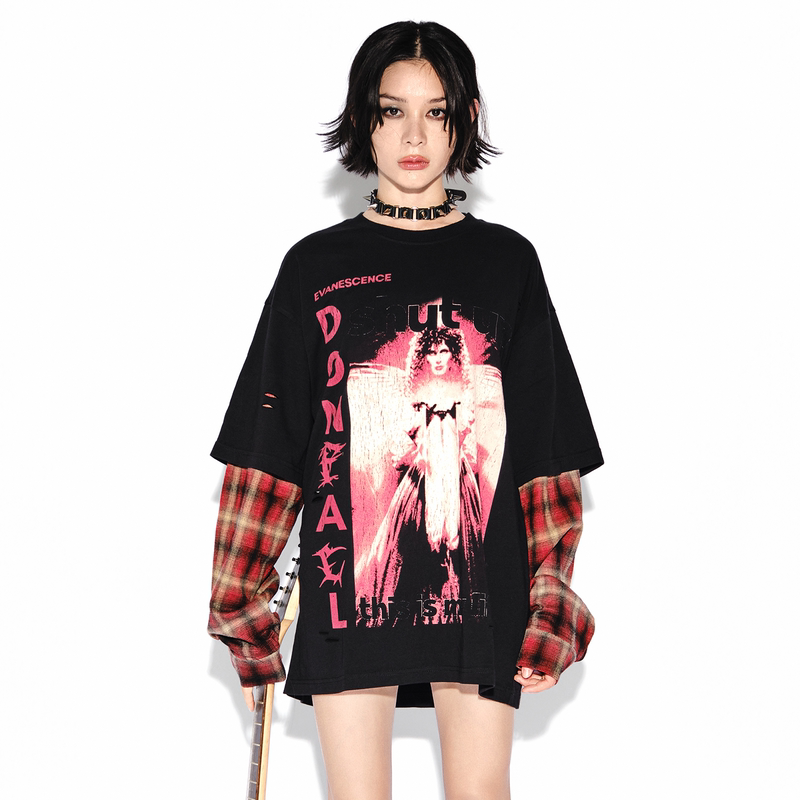 Donfall Band Series Plaid Fake Two-Piece Long-Sleeve T-Shirt New Street Rock Personalized Printed Top Trendy