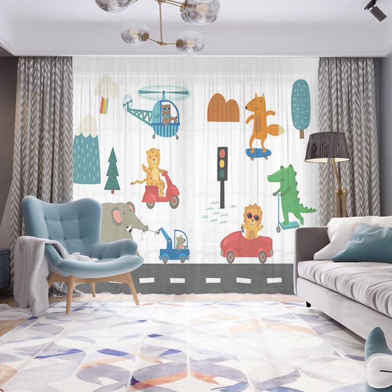 Cute cartoon small animal curtains children's room bedroom gauze curtain boys and girls shading bay window early education kindergarten