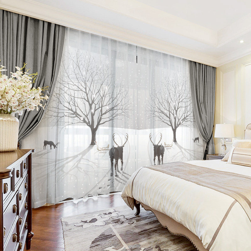 Nordic Minimalist Modern Curtains Snowland Forest Elk Antlers Wind Living Room Bedroom Shading Yarn Curtain Balcony Floor Landing