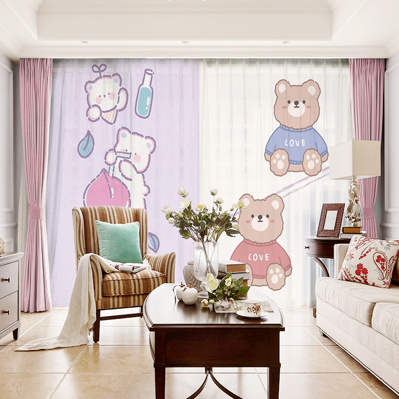Whole house custom cute cartoon anime bear curtains children's room girl bedroom blackout floor-to-ceiling bay window screen curtain