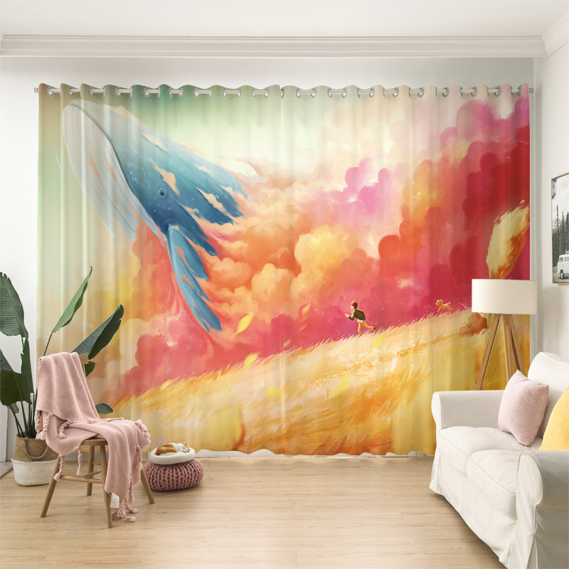 Cartoon Whale Dreamy Fairy Tale Curtains Children's Baby Room Cozy Bedroom Yarn Curtain Half Full Shading Early Nursery School
