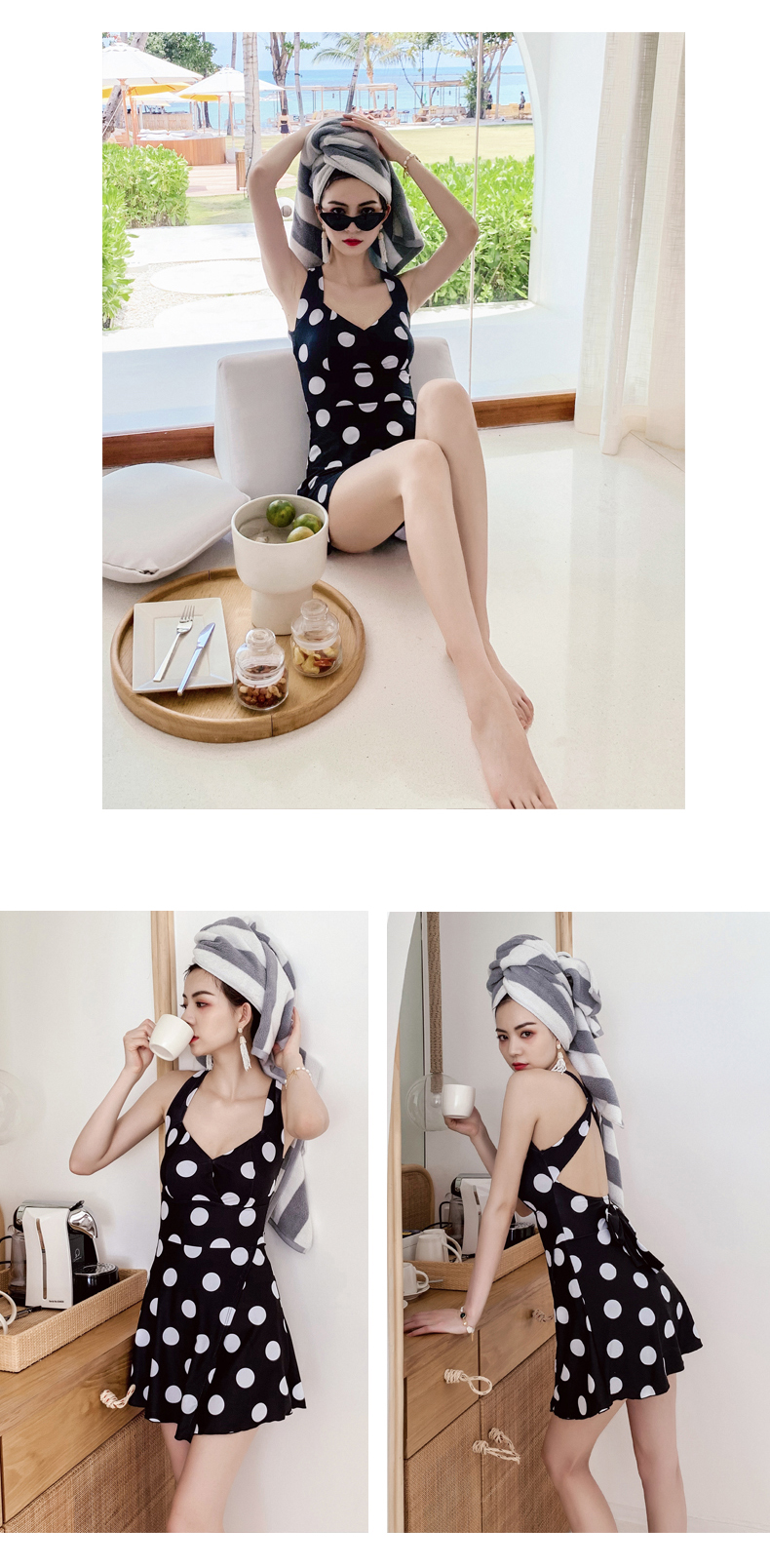 Áo tắm nữ Hàn Quốc gió retro điểm sóng bảo thủ áo tắm một mảnh che bụng thịt gợi cảm váy mỏng - Bộ đồ bơi One Piece đồ bơi liền thân dài tay