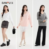 Демисезонный свитер, ретро белое термобелье, с вышивкой, V-образный вырез, свободный крой