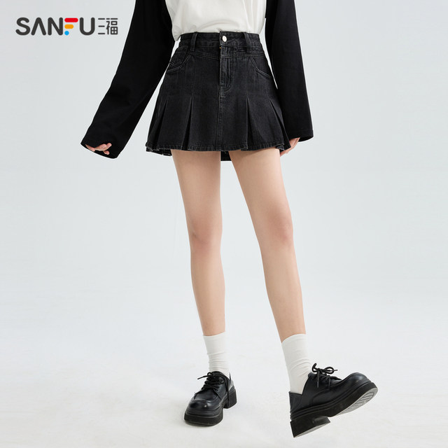 Sanfu short skirt 2024 new spring small high-waisted a-line denim pleated half-length skirt for women 481871