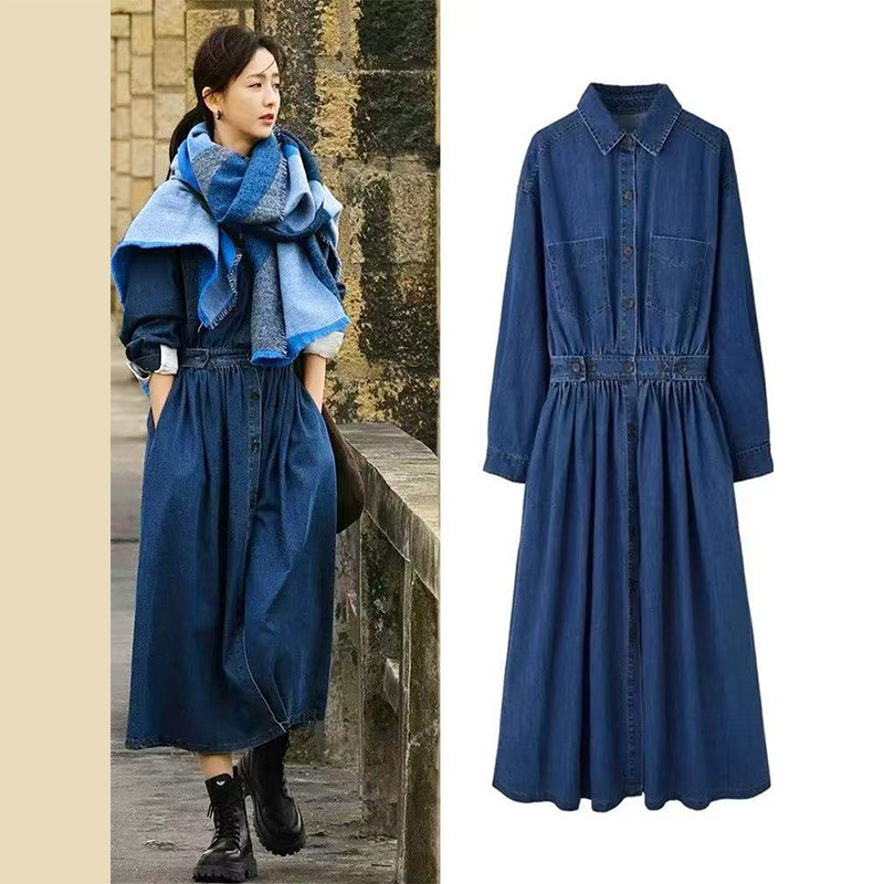 Light as a Feather, Tong Liya's Same Style Retro Denim Dress for Women, 2025 Autumn New Blue Shirt Long Dress Light as a Feather, Tong Liya's Same Style Retro Denim Dress for Women, 2025 Autumn New Blue Shirt Long Dress