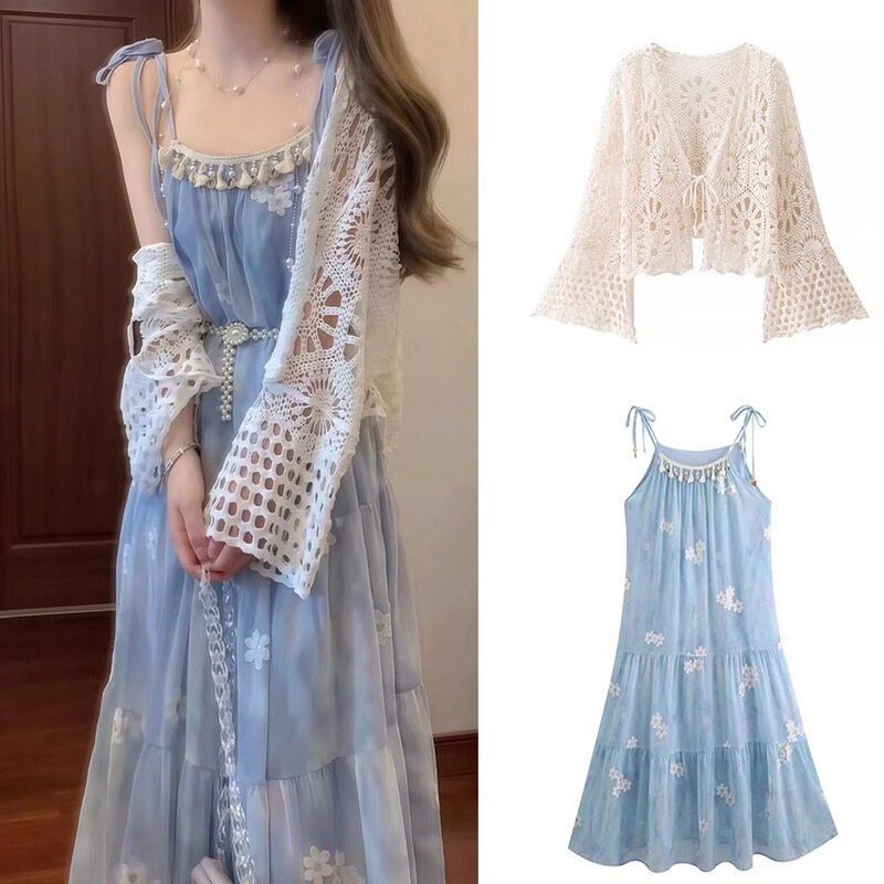 Maternity Wear Set, Holiday Style, Blue Smudged Floral Suspender Dress, Beautiful and Unique Waist-Cinching A-Line Long Skirt