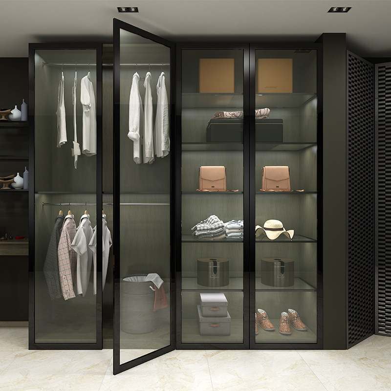 Nanjing Jiu made wood for narrow sides aluminium frame glass door wardrobe F4 star imported plate cloakroom wardrobe set to be made