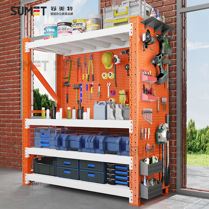 Orange and White Storage Shelves with Side Perforated Panels and Back Panels, Tool Storage Rack, Multi-Layer Storage Rack for Home Warehouse Orange and White Storage Shelves with Side Perforated Panels and Back Panels, Tool Storage Rack, Multi-Layer Storage Rack for Home Warehouse
