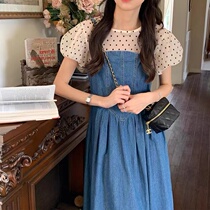 Summer Harness Jeans Denim Dress Superior Wave Point Blouse Fashion Suit Fashion style Slim Two Sets Skirt Children