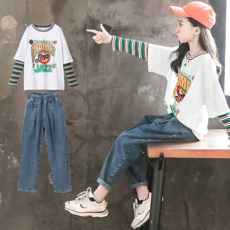 Girls' suits 2022 spring and autumn new net red girls sports two-piece suits in the trend of big boys' jeans