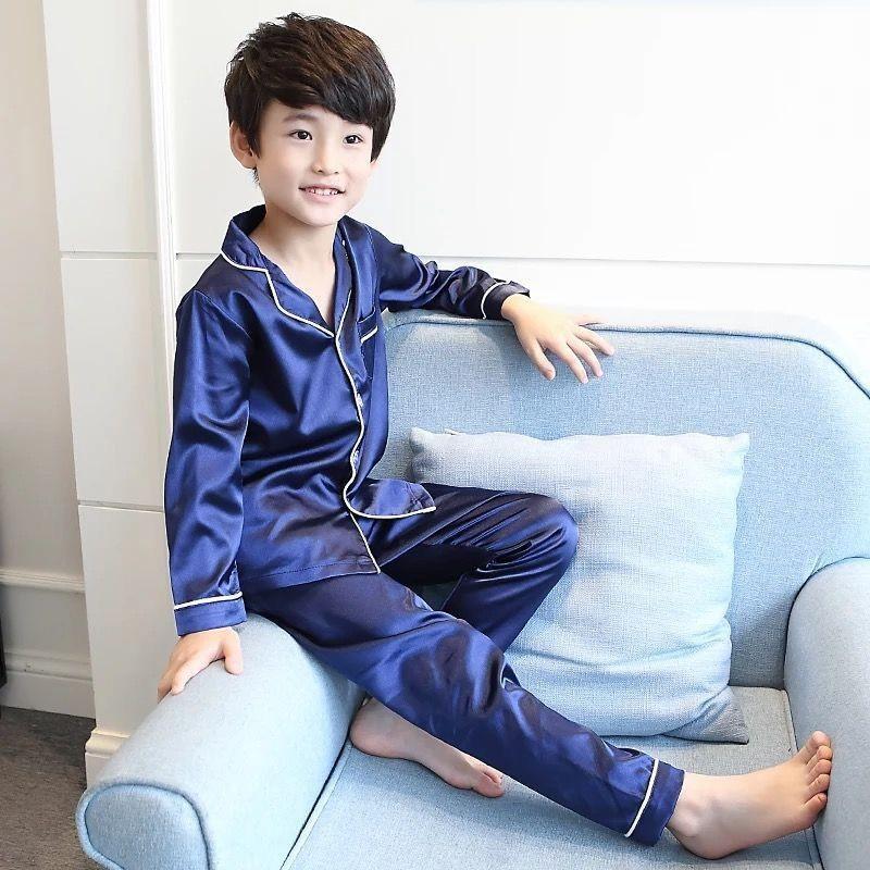 Childrens đồ ngủ bé trai mùa hè và mùa thu mỏng boy lụa thực mùa xuân và mùa thu dây băng cỡ trung bình trẻ em dài tay áo về nhà.