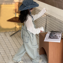 Girls denim overalls autumn Korean style childrens wide-leg pants spring and autumn large pockets loose medium and large childrens style pants