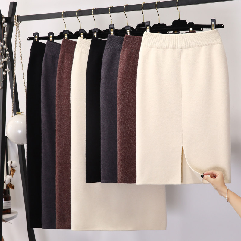 Wool Knit Half Body Dress Woman Autumn Winter Medium Long Version 2021 New Thickened High Waist Open Fork Straight Drum One Step Bag Hip Skirt